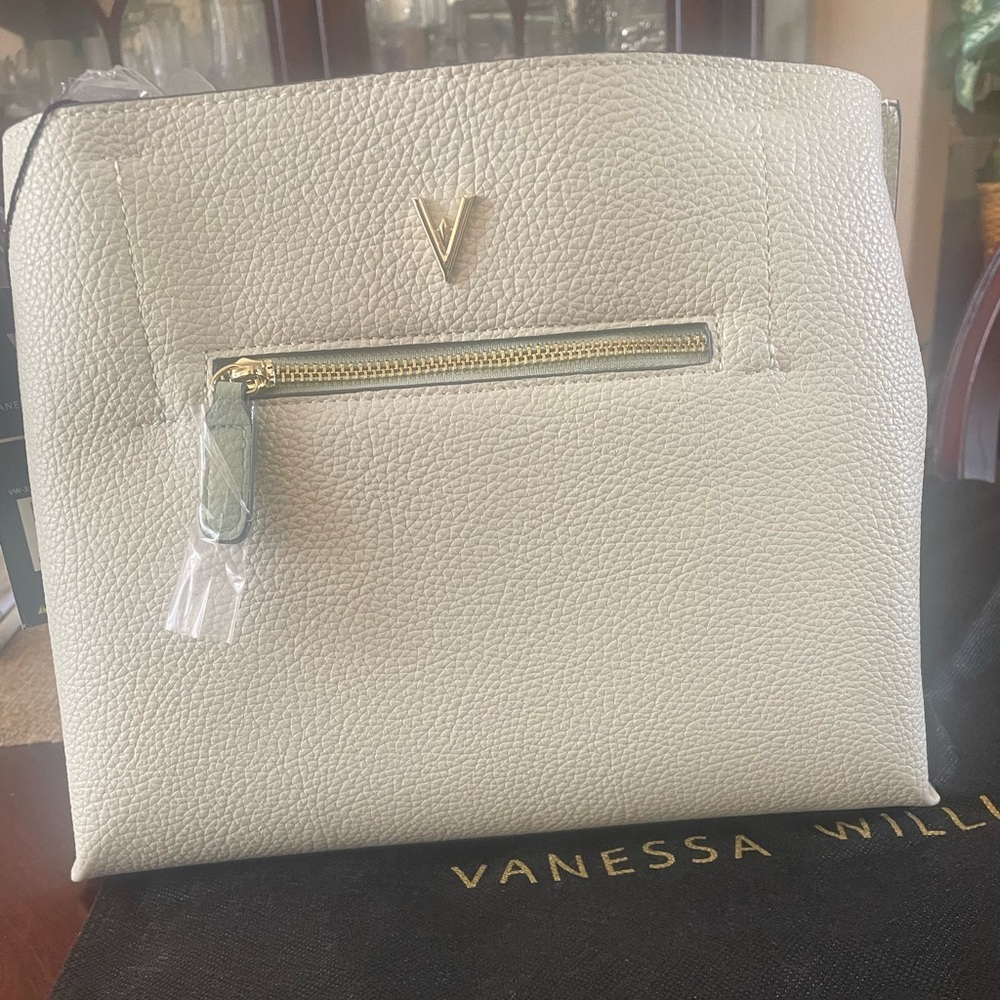 Cream and Green Tote with Gold Zipper and Tassel